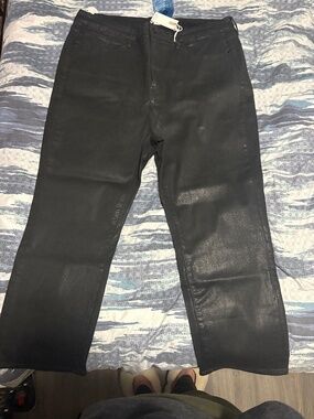 NWT Good American Good Legs Straight Coated Black Leather-Look Jeans
